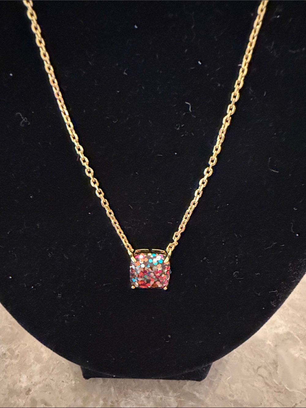 kate spade Gold Necklace with Multicolor Glitter Square Pendant adjustable